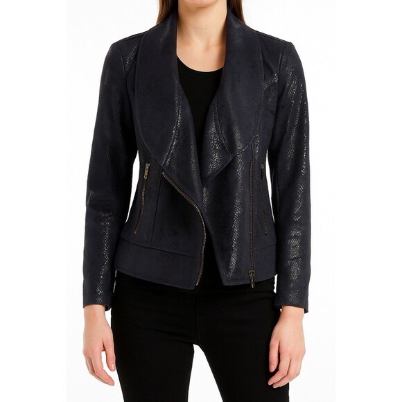 V Cristina Navy Blue Faux Leather Moto Jacket Snakeskin Print Size L Biker - Picture 1 of 9